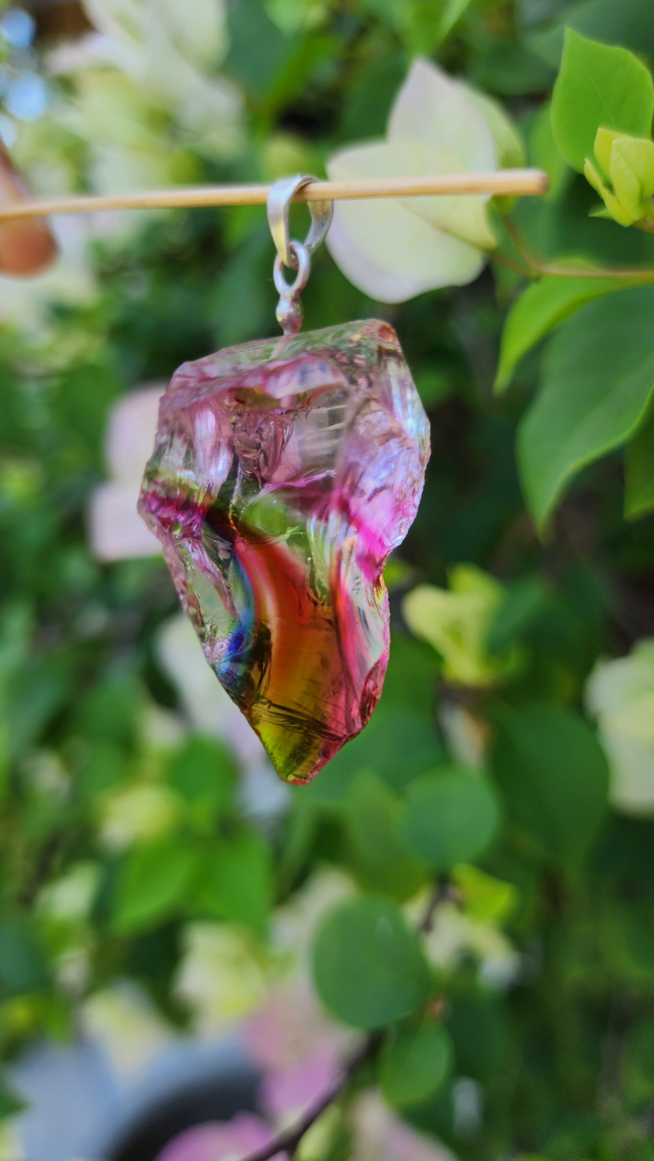 Rainbow Clear Red Green Pink Raw Andara Pendant